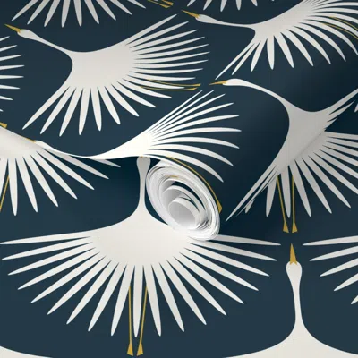Spoonflower Pre-pasted Wallpaper Art Deco Swans - Midnight - 6" 2' X 12' Removable In Multi