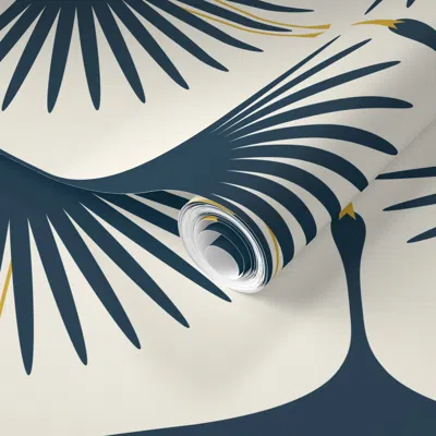 Spoonflower Pre-pasted Wallpaper Art Deco Swans - Navy 12" 2' X 12' Removable