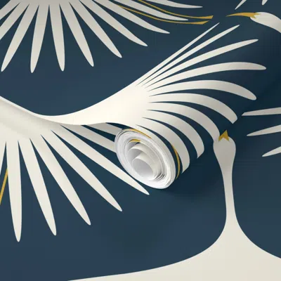 Spoonflower Pre-pasted Wallpaper Art Deco Swans - Navy - 12" 2' X 12' Removable In Multi