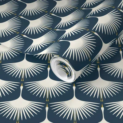 Spoonflower Pre-pasted Wallpaper Art Deco Swans - Navy - 3" Wingspan 2' X 12' Removable