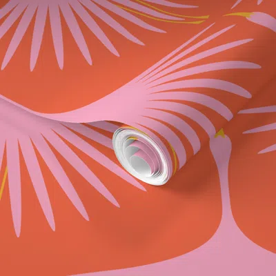 Spoonflower Pre-pasted Wallpaper Art Deco Swans - Pink On Red/orange - 12" Wide 2' X 12' Removable