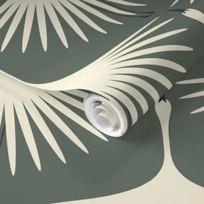 Spoonflower Pre-pasted Wallpaper Art Deco Swans - Smoke Green - 12" 2' X 12' Removable