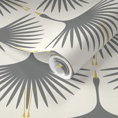 Spoonflower Pre-pasted Wallpaper Art Deco Swans - Smoke On Cream - 4" Fabric 8" Wingspan  Removable In Green/gray