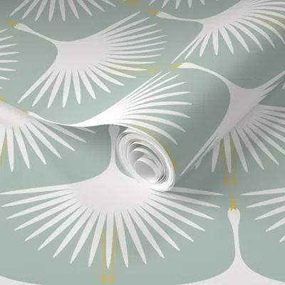 Spoonflower Pre-pasted Wallpaper Art Deco Swans - White On Green Duck Egg 2' X 12' Removable