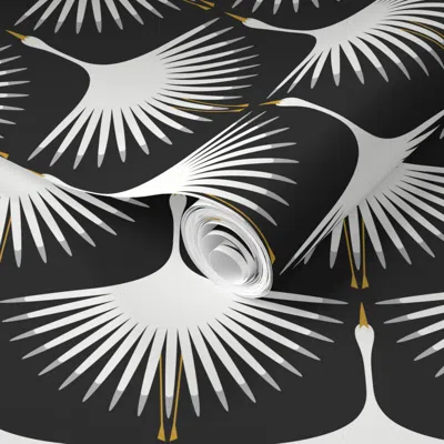 Spoonflower Pre-pasted Wallpaper Art Deco Swans With Gray Wingtips - 6" Wingspan 2' X 12' Removable In Multi
