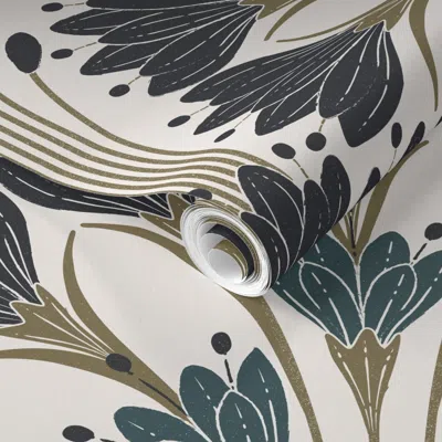 Spoonflower Pre-pasted Wallpaper Art Deco Vintage Botanical And Retro Elegant Fan Flowers 2' X 12' Removable