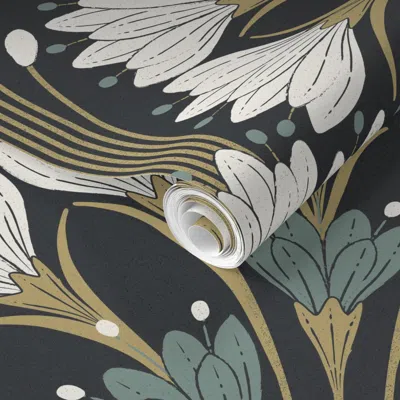 Spoonflower Pre-pasted Wallpaper Art Deco Vintage Botanical And Retro Elegant Fan Flowers Black Background 2' X 