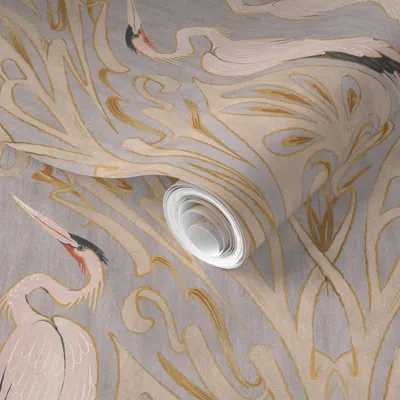 Spoonflower Pre-pasted Wallpaper Art Nouveau Cranes Silver And Gold 2' X 12' Removable In Gray