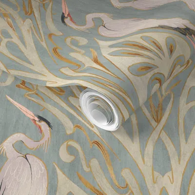 Spoonflower Pre-pasted Wallpaper Art Nouveau Cranes With Vintage Texture 2' X 12' Removable In Blue