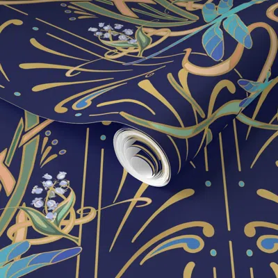 Spoonflower Pre-pasted Wallpaper Art Nouveau Dragonflies Small Navy  Removable In Blue
