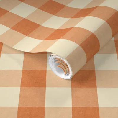 Spoonflower Pre-pasted Wallpaper Arts And Crafts Gingham Warm Beige And Terracotta Small Scale  Removable