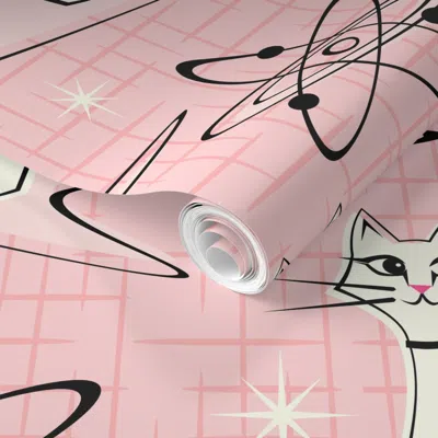Spoonflower Pre-pasted Wallpaper Atomic Cat Field On Pink Hatch 2' X 12' Removable