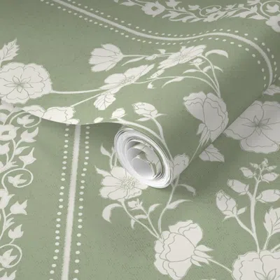 Spoonflower Pre-pasted Wallpaper Audrey Scrolling Silhouette French Country Vine Floral Muted Light Sage 2' X 12