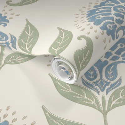 Spoonflower Pre-pasted Wallpaper Aurelia Floral Woodblock Preppy Grandmillenial Creme Muted Blue Sage Green 2' X