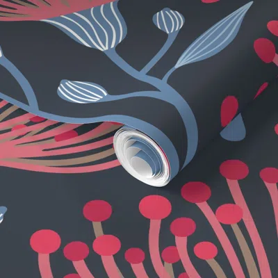 Spoonflower Pre-pasted Wallpaper Australian Eucalyptus Floral Navy Blue Red Pink Light Blue With White Large 2' 