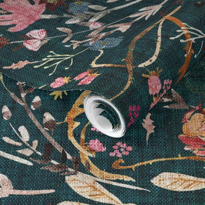 Spoonflower Pre-pasted Wallpaper Autumn Fable Floral (teal) Jumbo 2' X 12' Removable