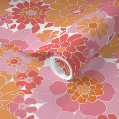 Spoonflower Pre-pasted Wallpaper Avery Retro Floral Orange Tango-medium Scale  Removable In Pink