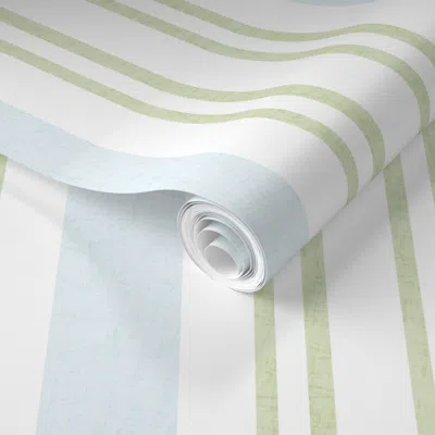Spoonflower Pre-pasted Wallpaper Baby Blue And Green Stripes - Boys Nursery - Ticking - Soft Pastel White 2' X 1