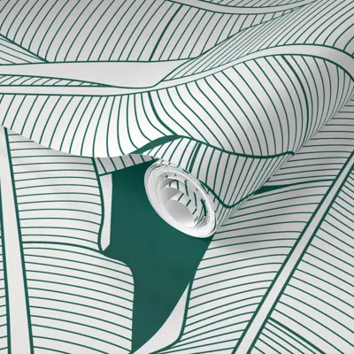 Spoonflower Pre-pasted Wallpaper Banana Palms Jumbo Off White Leaves Bg Dark Green Textured 2' X 12' Removable