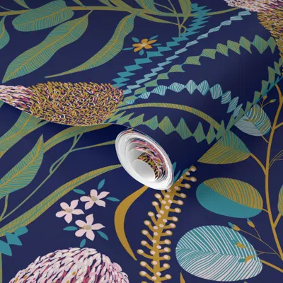 Spoonflower Pre-pasted Wallpaper Banksia Protea Joy Navy Blue 2' X 12' Removable