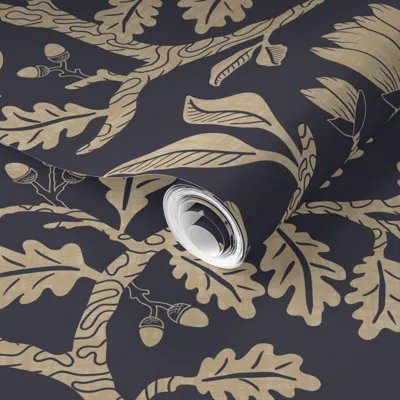 Spoonflower Pre-pasted Wallpaper Barn Owls With Oaks And Magnolias In Gold Beige On Deep Grey Blue Extra 2' X 12
