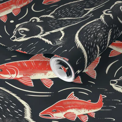 Spoonflower Pre-pasted Wallpaper Bear & Salmon Stream Soiree 2' X 12' Removable