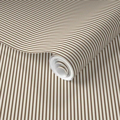 Spoonflower Pre-pasted Wallpaper Beefy Pinstripe - Medium Sepia & Cream - Thin Earth Tone Candy Stripe Tiny  Rem