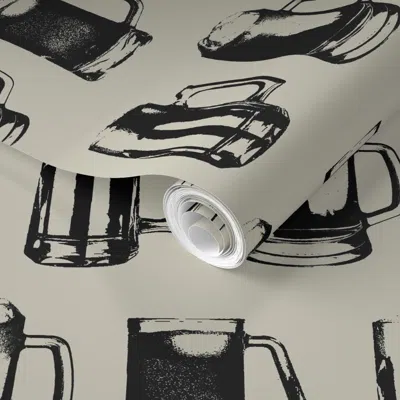 Spoonflower Pre-pasted Wallpaper Beer Mugs // Light Taupe // Large 2' X 12' Removable