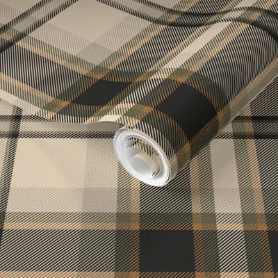 Spoonflower Pre-pasted Wallpaper Beige Black Fall Plaid With Tan And Orange For Masculine Apparel / Medium 2' X 