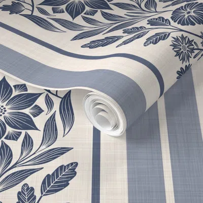 Spoonflower Pre-pasted Wallpaper Beige Blue Sophisticated Floral Stripe 2' X 12' Removable