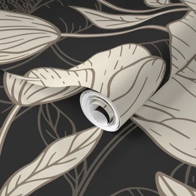 Spoonflower Pre-pasted Wallpaper Beige Large Flowers Black Floral Home Decor Modern Dark Botanical 2' X 12' Remo