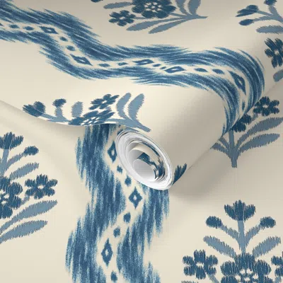 Spoonflower Pre-pasted Wallpaper Bella Ikat Blue 2' X 12' Removable