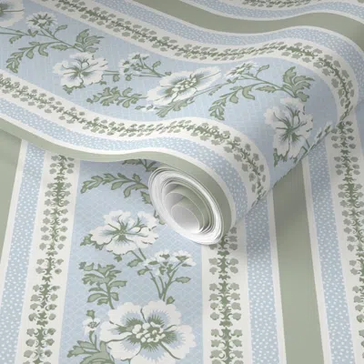 Spoonflower Pre-pasted Wallpaper Bellamy Floral Stripe Light Blue Lichen  Removable In Multi