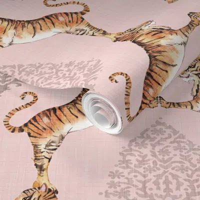 Spoonflower Pre-pasted Wallpaper Big Cat Damask (blush) Med 2' X 12' Removable In Multi