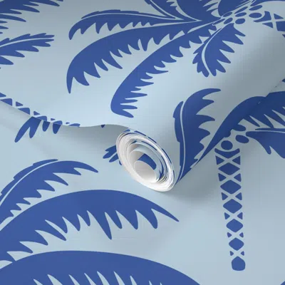 Spoonflower Pre-pasted Wallpaper Big/ Vintage Palm Trees Tropical Retro Old Hollywood Scallop Ink Blue Palms 2' 