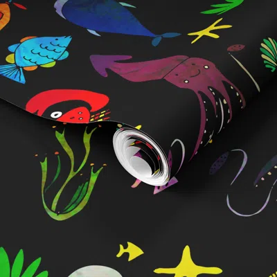Spoonflower Pre-pasted Wallpaper Bio-luminescence Sea Life Black 2' X 12' Removable