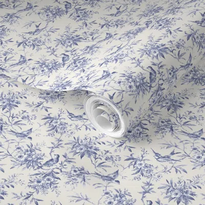 Spoonflower Pre-pasted Wallpaper Bird Toile Original Blue On Bone 2' X 12' Removable