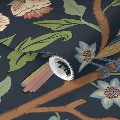 Spoonflower Pre-pasted Wallpaper Birds And Flowers William Morris Style Floral On Dark Blue 2' X 12' Removable
