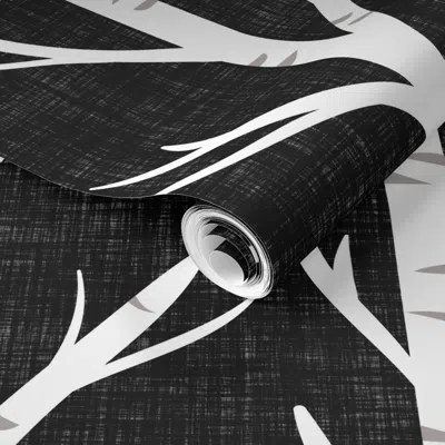 Spoonflower Pre-pasted Wallpaper Black Linen Birch Trees 2' X 12' Removable
