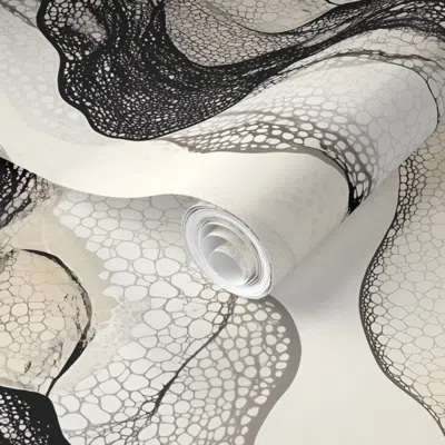 Spoonflower Pre-pasted Wallpaper Black Organic Netting On Cream Background Xl Batik Style Watercolor  Removable In Neutral
