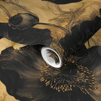 Spoonflower Pre-pasted Wallpaper Black Poppies On A Golden Night 3 2' X 12' Removable
