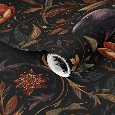 Spoonflower Pre-pasted Wallpaper Black Ravens In Garden 2' X 12' Removable