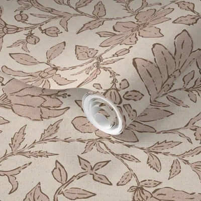 Spoonflower Pre-pasted Wallpaper Block Print Floral Dusty Pink Brown On Neutral Beige Large 2' X 12' Removable