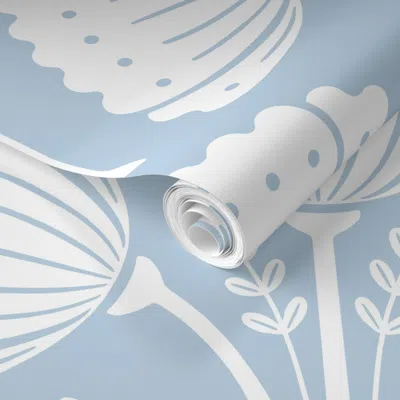 Spoonflower Pre-pasted Wallpaper Block Print Flower Bouquet - Air Blue / White 2 Large 2' X 12' Removable