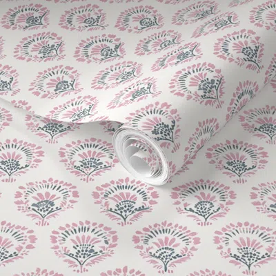 Spoonflower Pre-pasted Wallpaper Block Print Shell Navy And Berry 2' X 12' Removable