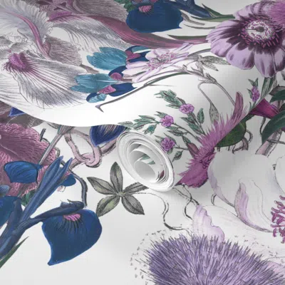Spoonflower Pre-pasted Wallpaper Bloomin' Lovely Twilight On White 24" 2' X 12' Removable In Multi