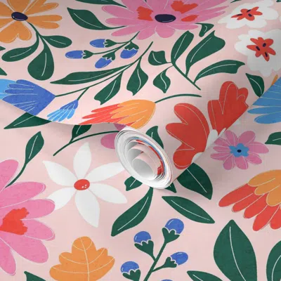 Spoonflower Pre-pasted Wallpaper Blooming Lovely In Pink 2' X 12' Removable