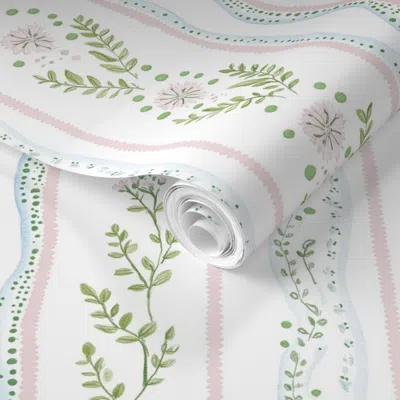 Spoonflower Pre-pasted Wallpaper Blossom Stripe Soft Pink Blue And Green On White - Floral Dots Girl Nursery 2' 