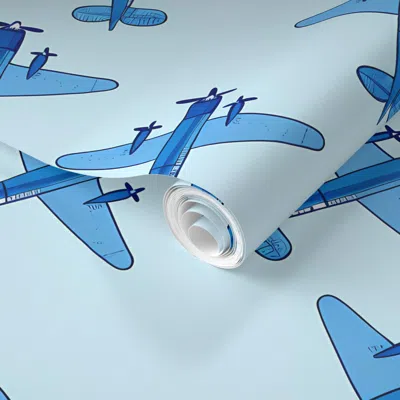 Spoonflower Pre-pasted Wallpaper Blue Airplanes 2' X 12' Removable