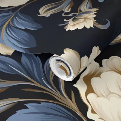 Spoonflower Pre-pasted Wallpaper Blue And Cream Flowers Damask Peony Art 2' X 12' Removable